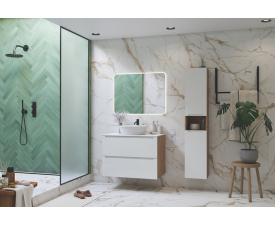 Тумба для ванной комнаты ЗОВ Эридан, белая столешница, Белый мат/Дуб 80 - Изображение 3 Тумба для ванной комнаты ЗОВ Эридан, белая столешница, Белый мат/Дуб 80 - Изображение 3