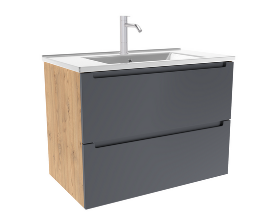 Тумба для ванной комнаты ЗОВ Дион, с раковиной, Графит мат/Дуб 70