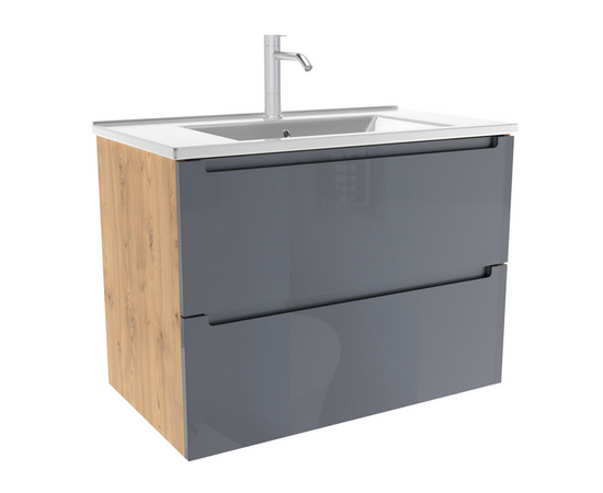 Тумба для ванной комнаты ЗОВ Дион, с раковиной, Графит глянец/Дуб 100 Тумба для ванной комнаты ЗОВ Дион, с раковиной, Графит глянец/Дуб 100