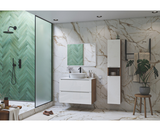 Тумба для ванной комнаты ЗОВ Дион, белая столешница, Белый глянец/Дуб 70 - Изображение 4 Тумба для ванной комнаты ЗОВ Дион, белая столешница, Белый глянец/Дуб 70 - Изображение 4