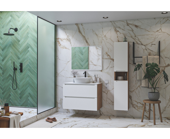 Тумба для ванной комнаты ЗОВ Дион, белая столешница, Белый мат/Дуб 90 - Изображение 5 Тумба для ванной комнаты ЗОВ Дион, белая столешница, Белый мат/Дуб 90 - Изображение 5