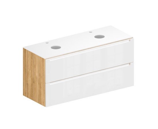 Тумба для ванной комнаты ЗОВ Дион, белая столешница, Белый глянец/Дуб 120 Тумба для ванной комнаты ЗОВ Дион, белая столешница, Белый глянец/Дуб 120