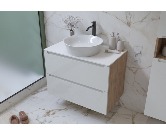 Тумба для ванной комнаты ЗОВ Дион, белая столешница, Белый глянец/Дуб 100 - Изображение 3 Тумба для ванной комнаты ЗОВ Дион, белая столешница, Белый глянец/Дуб 100 - Изображение 3