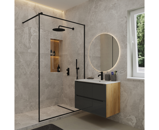 Тумба для ванной комнаты ЗОВ Дион, под раковину, Графит глянец/Дуб 80 - Изображение 3 Тумба для ванной комнаты ЗОВ Дион, под раковину, Графит глянец/Дуб 80 - Изображение 3