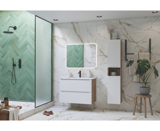 Тумба для ванной комнаты ЗОВ Дион, с раковиной, Белый глянец/Дуб 100 - Изображение 4