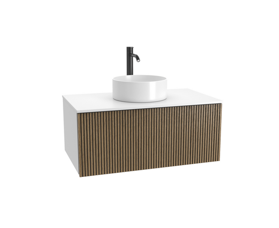 Тумба для ванной комнаты ЗОВ Кито, белая столешница, Белый/Тростник 90 Тумба для ванной комнаты ЗОВ Кито, белая столешница, Белый/Тростник 90