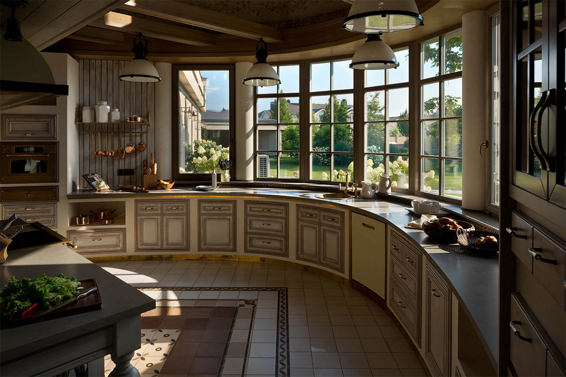 Кухня с большим окном в частном доме дизайн фото
