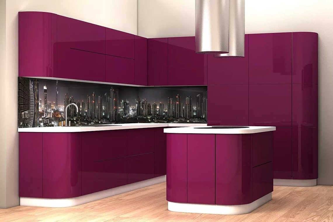 дизайн кухни из акрила в фиолетовом цвете