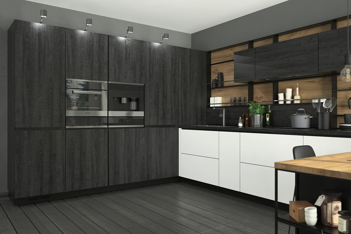 дизайн кухни из TSS-плиты темного цвета