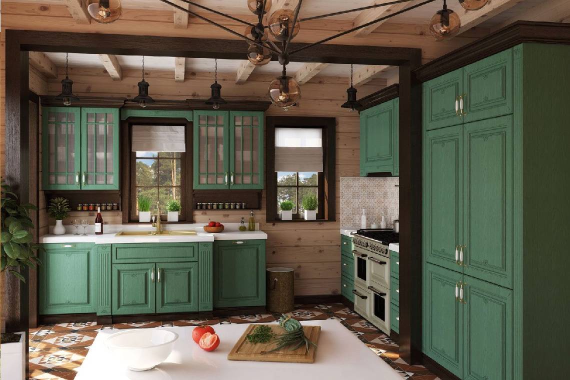 дизайн зеленой кухни из дерева на даче