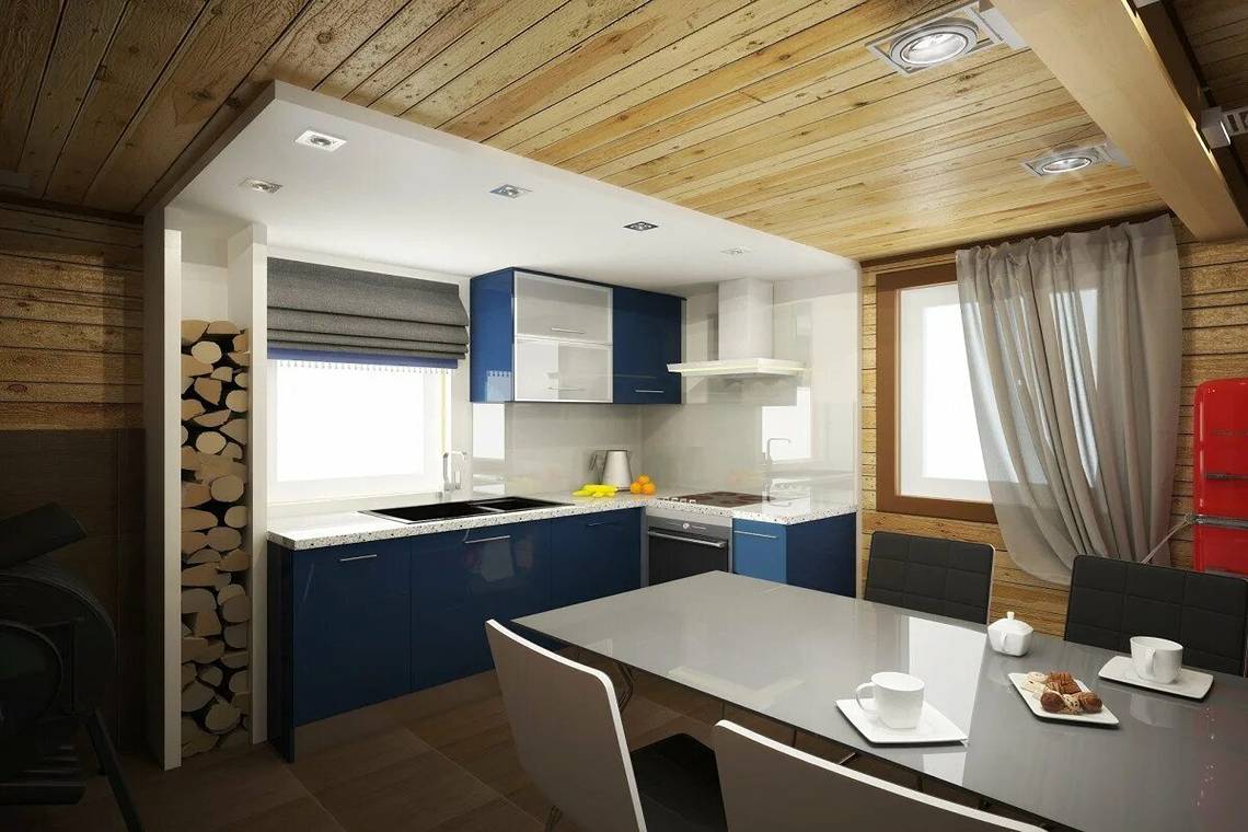 дизайн современной кухни синего цвета на даче