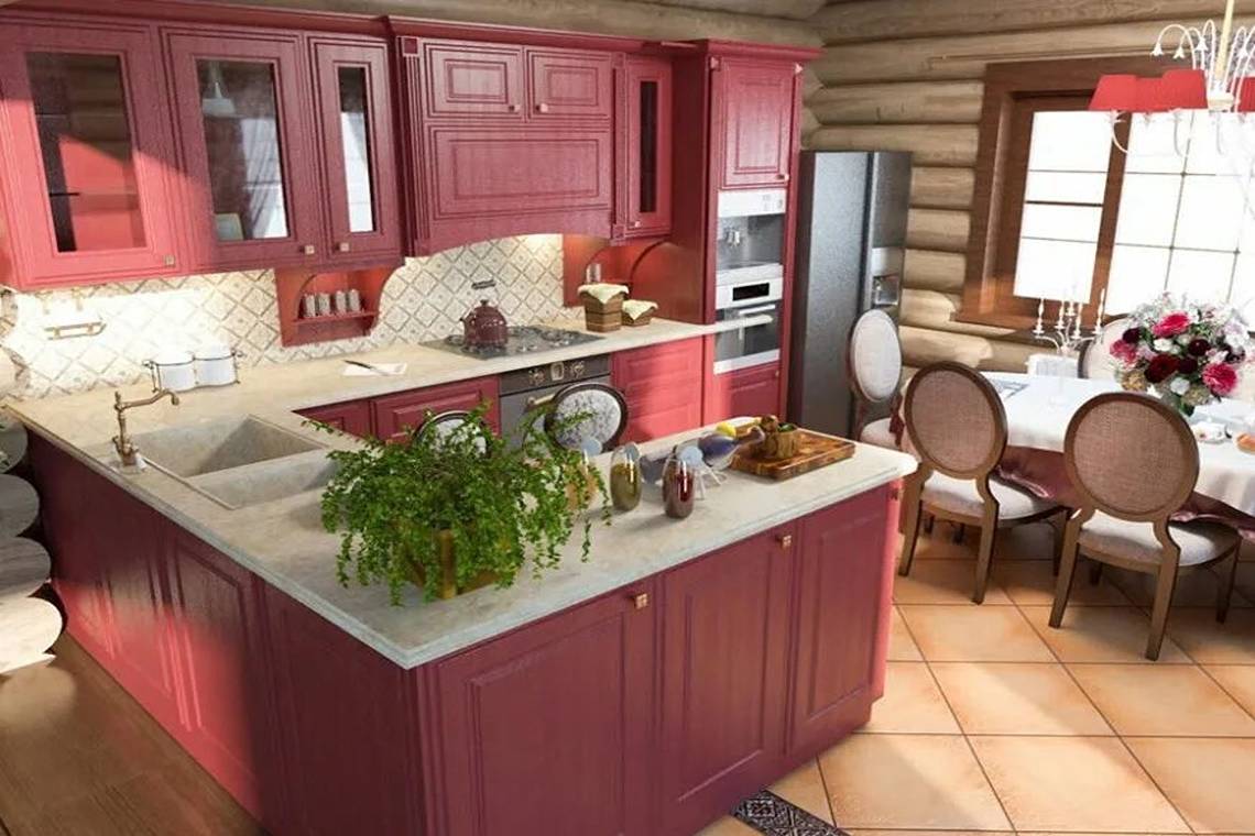 дизайн красной кухни из дерева на даче