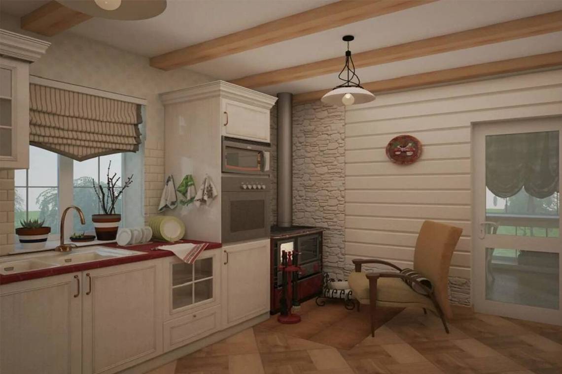 дизайн современной кухни в светлых тонах из дерева на даче